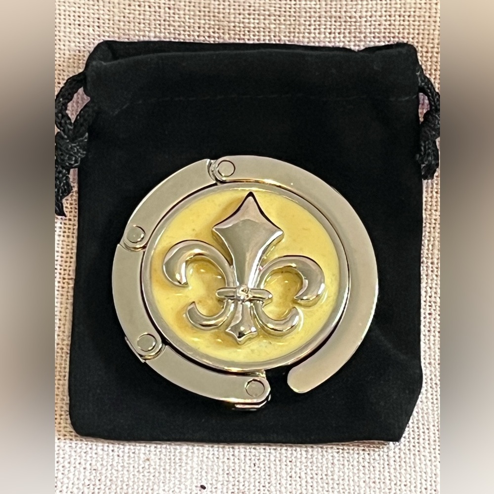 Fleur De Lis Hand Bag Hook. Silver and Yellow.